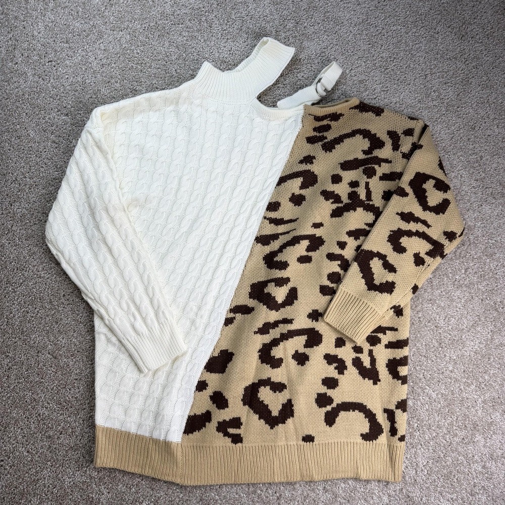 ANDTHEWHY Sweater Womens M/L Multicolor Cable Knit Mock Neck Leopard Print Strap